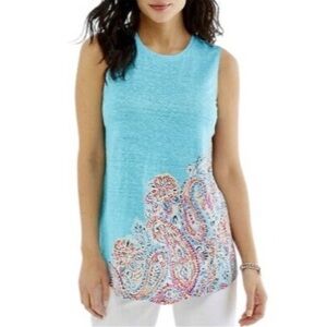J. Jill Love Linen Women's Portofino Linen Knit Blue Paisley Tank Top - XSmall